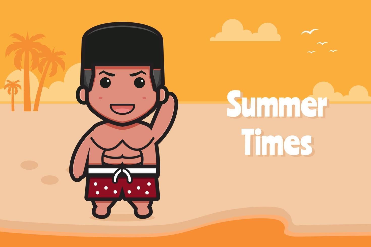schattige jongen zwaaiende hand met een zomerse groet banner cartoon vector pictogram illustratie