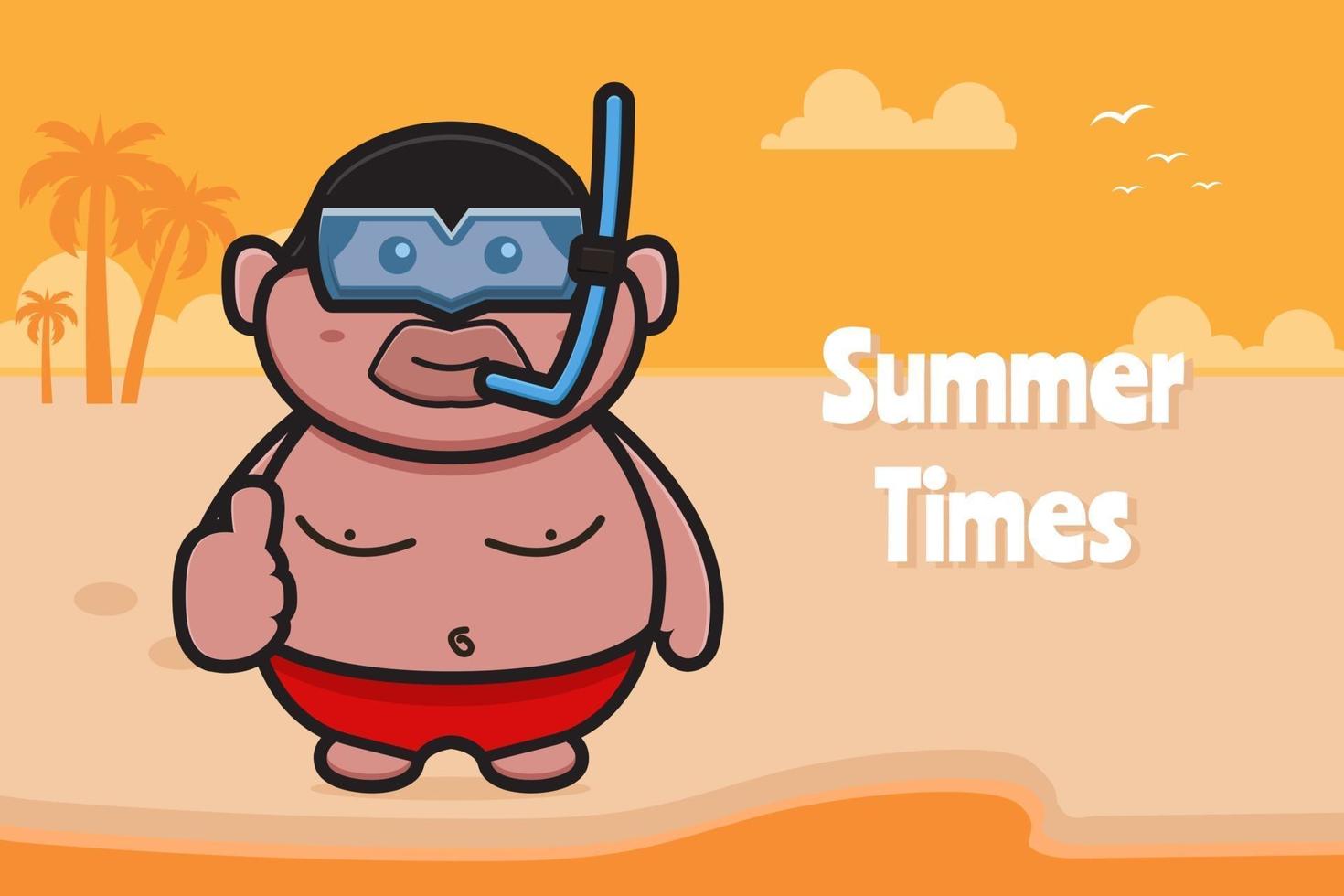 schattige dikke jongen die een zwembril draagt met een goede pose met een zomerse groetbanner cartoon vector pictogramillustratie