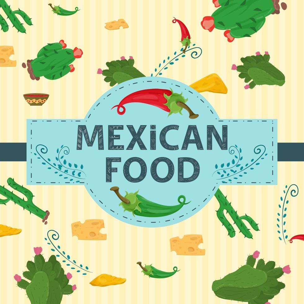 vierkante banner label plat op het thema van Mexicaans eten grote inscriptie naam in het midden op de achtergrond van cactussen en pittige rode en groene chilipepers vector