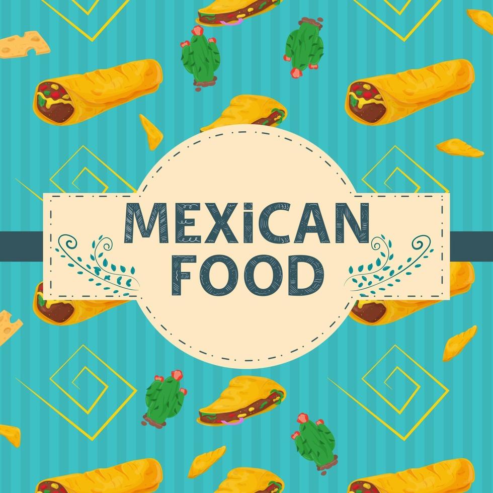 vierkant banneretiket plat op het thema van Mexicaans eten een grote inscriptienaam in het midden op de achtergrond zijn er verticale tortilla's cheetos en burrito's vector