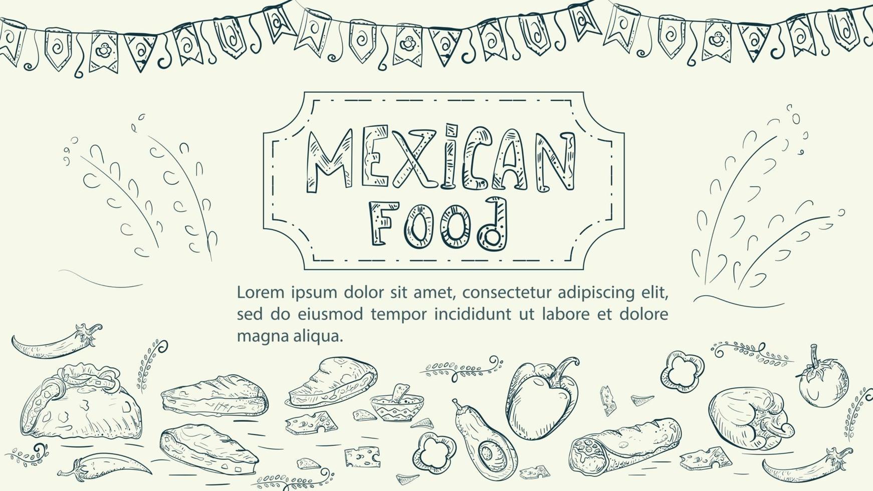 illustratie schets gemaakt in de stijl van een doodle hand getekend voor een ontwerp op het thema van Mexicaanse nationale voedsel tortilla's taco's en burrito's hete peper tomaat vector