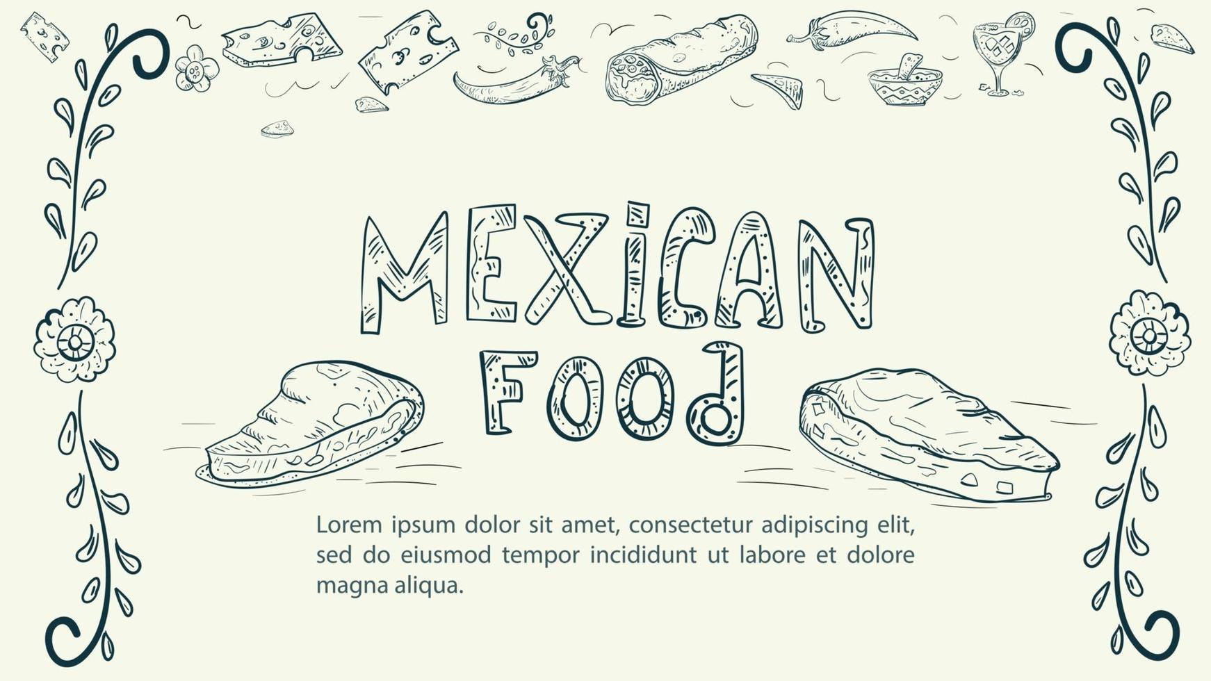 illustratie schets gemaakt in de stijl van een doodle hand getekend voor een ontwerp op het thema van Mexicaans nationaal eten bloemen ornament en inscriptie tortilla's taco's vector