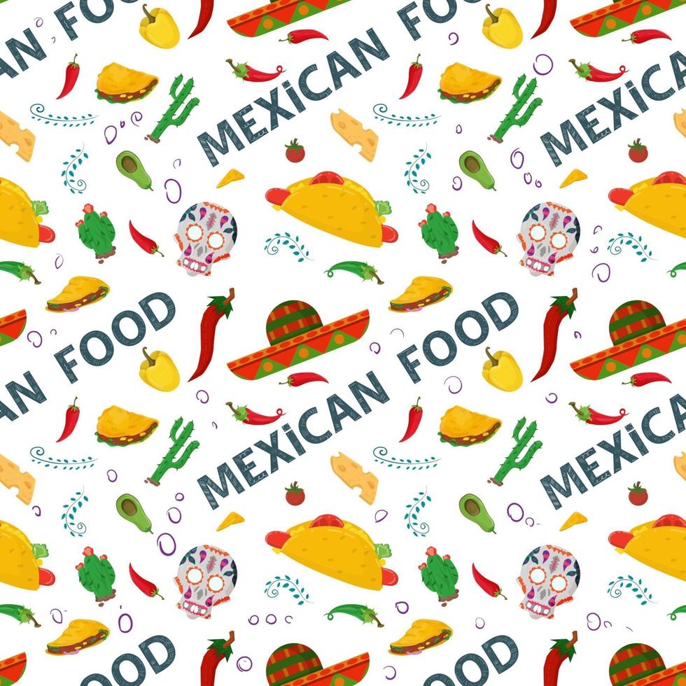 plat eindeloos naadloos patroon op het thema van Mexicaans eten rode en groene hete chili peper en sombrero op een witte achtergrond vector