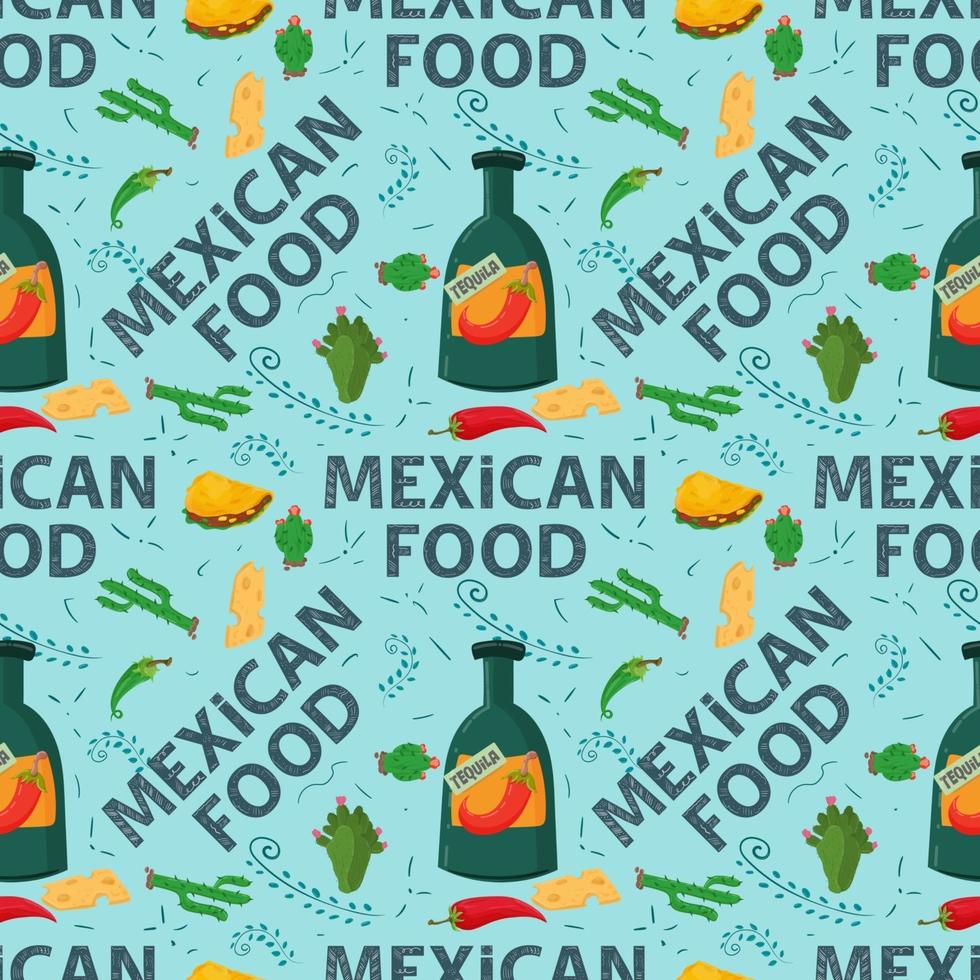 plat eindeloos naadloos patroon op het thema van Mexicaans eten tequila drinkfles en cactusplant op een blauwe achtergrond vector