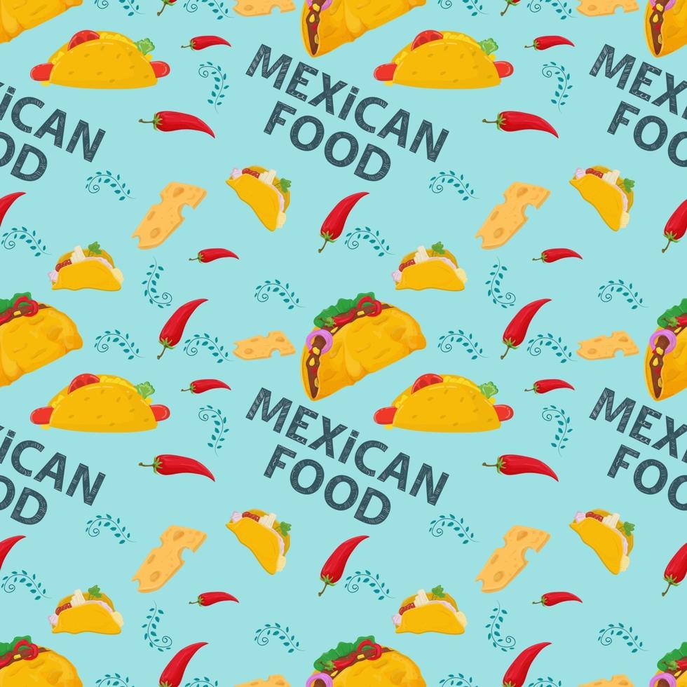 plat eindeloos naadloos patroon op het thema van Mexicaanse tortilla's, taco's en burrito's op een blauwe achtergrond vector