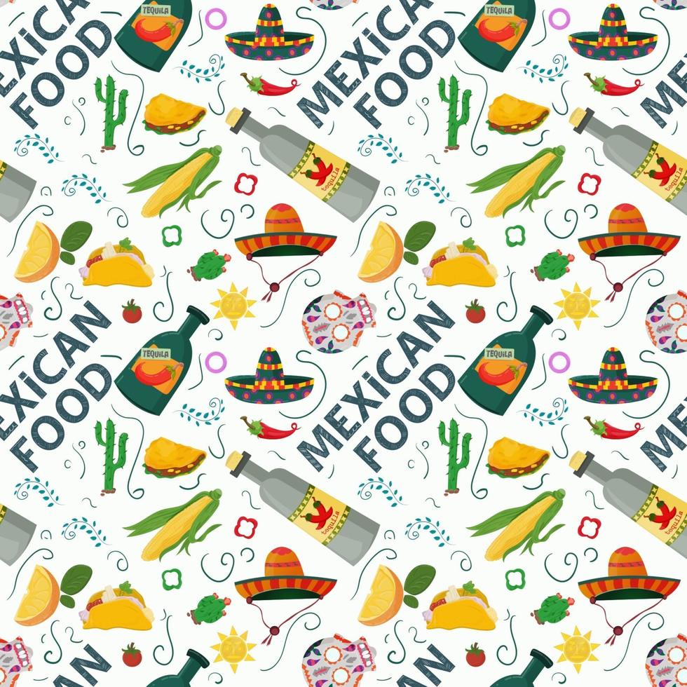 plat eindeloos naadloos patroon op het thema van Mexicaans eten geschilderde schedels sombrero's en tequila drankje op een witte achtergrond vector