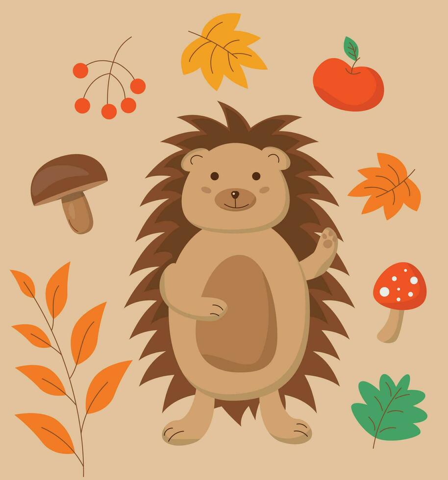 vector tekenfilm schattig egel, appel, paddestoelen, lijsterbes takje en bladeren, herfst set, Hallo herfst