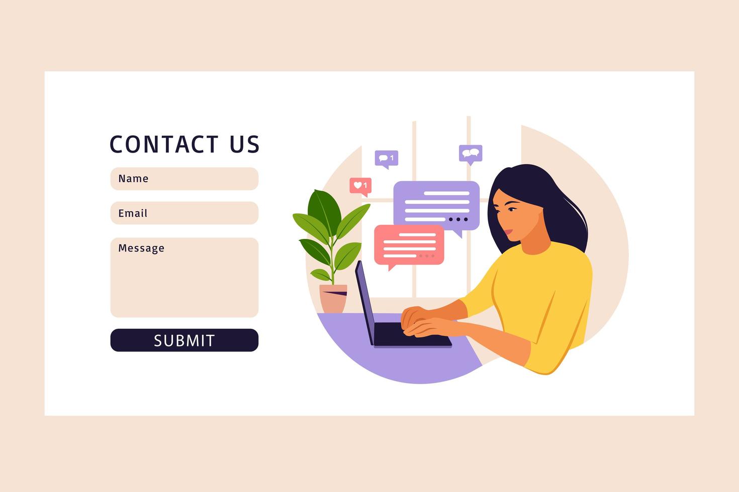 neem contact met ons op formuliersjabloon voor web. freelancer meisje thuis werken op laptop. online klantenondersteuning, helpdeskconcept en callcenter. vectorillustratie in flat. vector