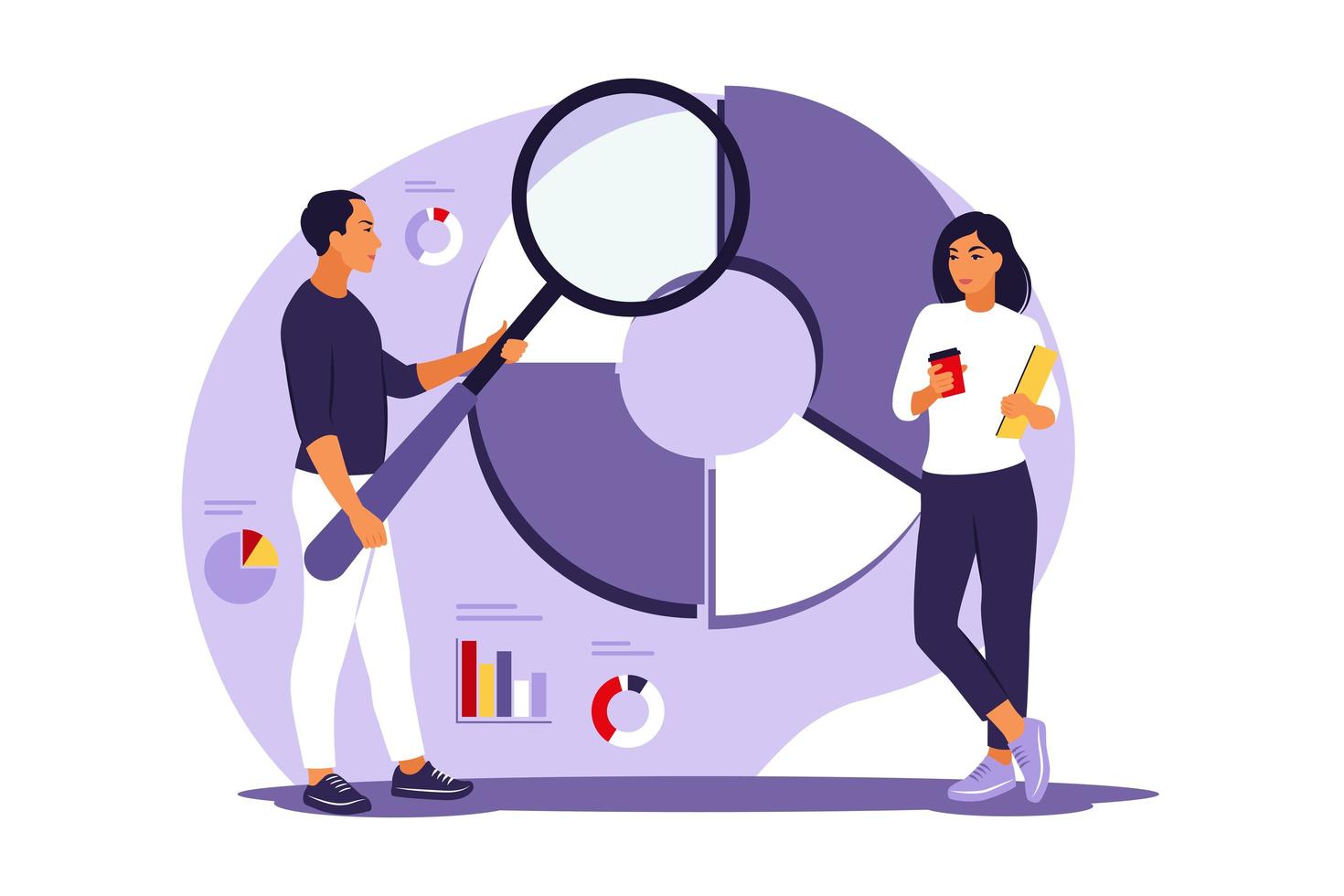 statistische analyse concept. analyse voor bedrijfsfinanciering. mensenteam dat werkt aan cirkelvormige diagramsegmenten, statistieken, audit. vectorillustratie. vlak vector