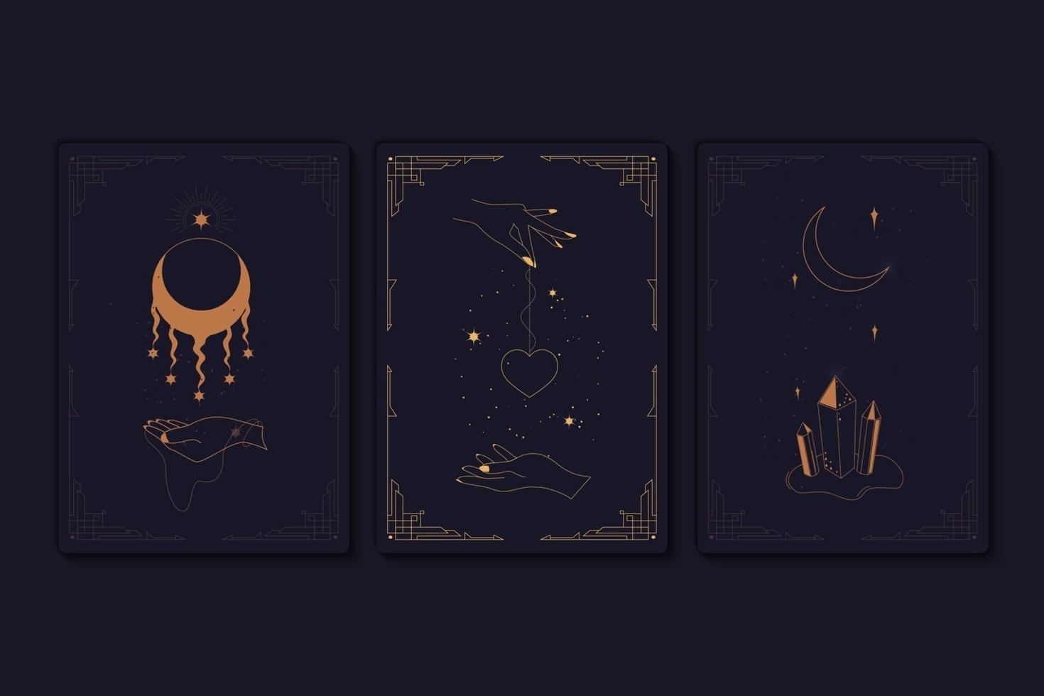 set van mystieke tarotkaarten. elementen van esoterische, occulte, alchemistische en heksensymbolen. sterrenbeelden. kaarten met esoterische symbolen. silhouet van handen, sterren, maan en kristallen. vector illustratie