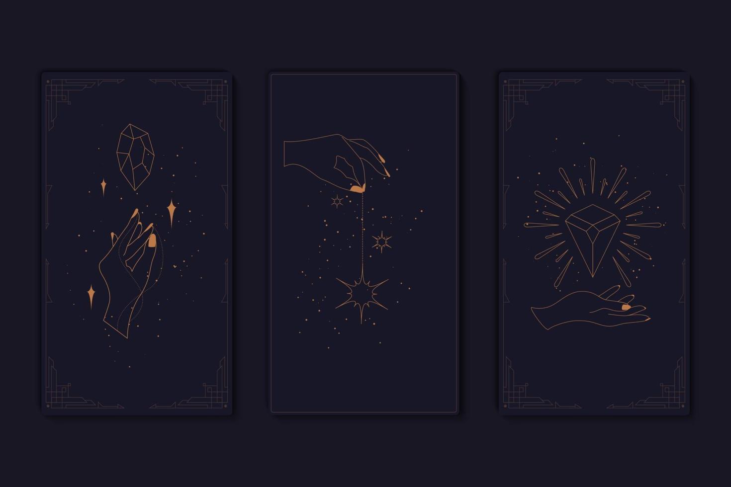 set van mystieke tarotkaarten. elementen van esoterische, occulte, alchemistische en heksensymbolen. sterrenbeelden. kaarten met esoterische symbolen. silhouet van handen, sterren, maan en kristallen. vector illustratie