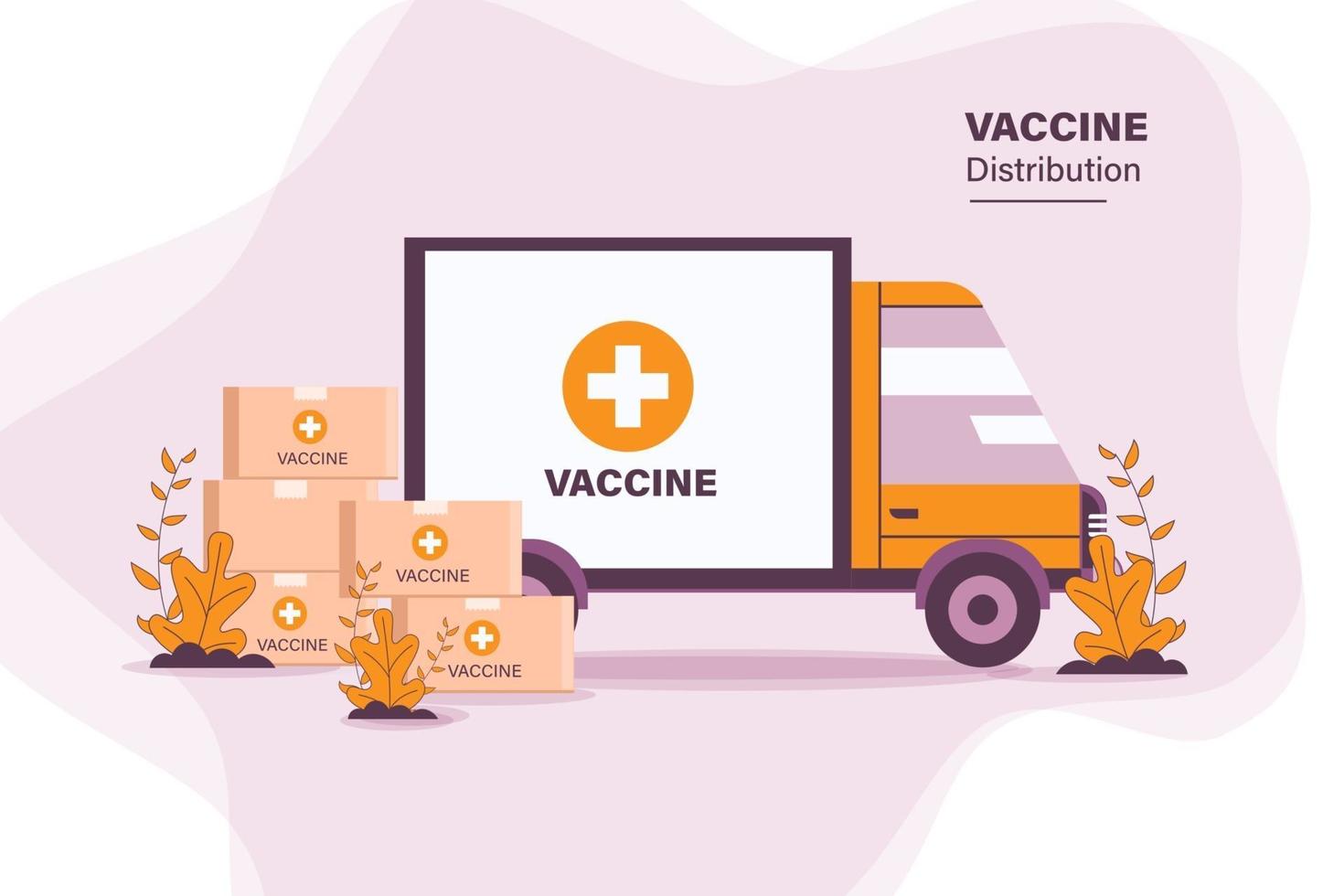 illustratie coronavirus covid-19 vaccindistributie aan mensen met vrachtwagenvervoer. covid-19 medicijnvaccin levering. verzending van het coronavirusvaccin. virusvaccin eindelijk voltooid. vector