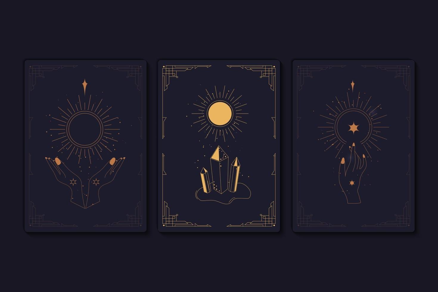 set van mystieke tarotkaarten. elementen van esoterische, occulte, alchemistische en heksensymbolen. sterrenbeelden. kaarten met esoterische symbolen. silhouet van handen, sterren, maan en kristallen. vector illustratie