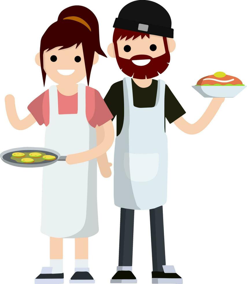 vrouw in wit schort Holding frituren pan met pannekoeken. Mens voorbereidingen treffen heerlijk ontbijt. huisvrouw Bij werk. schattig glimlachen vrouw in keuken. tekenfilm vlak illustratie. familie paar. vector