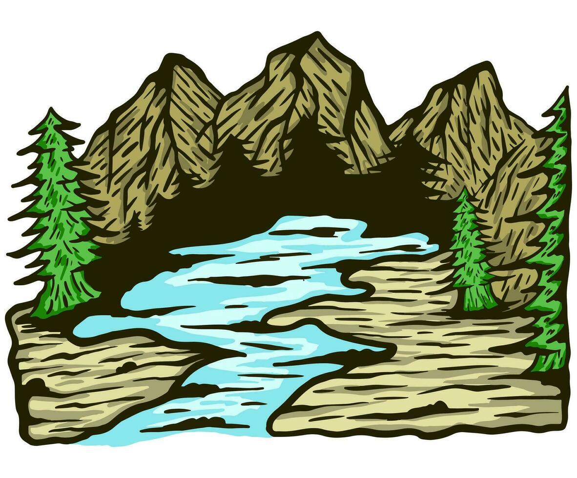 berg heuvel rivier- avontuur illustratie vector