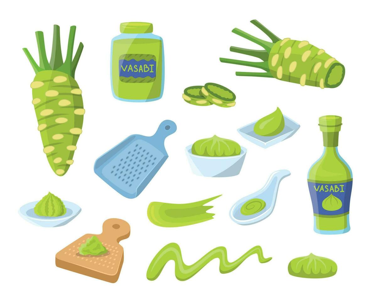 tekenfilm kleur verschillend wasabi pictogrammen set. vector