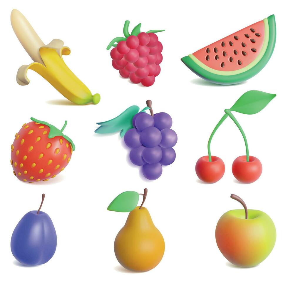 realistisch gedetailleerd 3d plasticine fruit en BES set. vector
