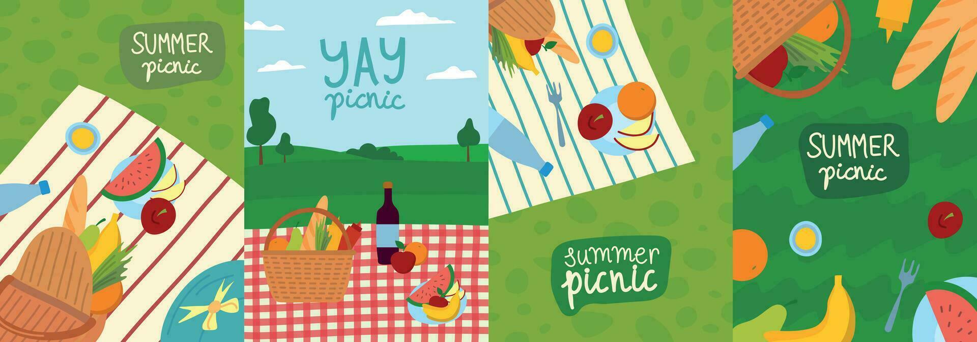 tekenfilm kleur zomer picknick concept banier poster kaart set. vector