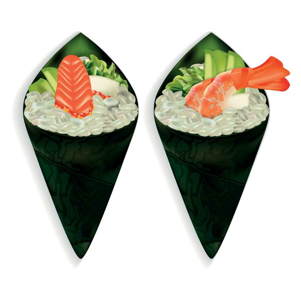 realistisch gedetailleerd 3d temaki sushi Japans voedsel set. vector