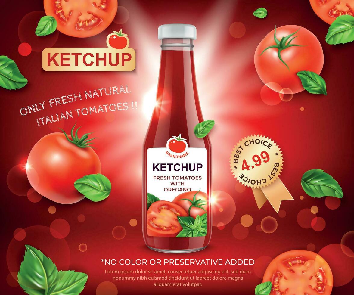 realistisch gedetailleerd 3d ketchup vers tomaten met oregano advertenties banier concept poster kaart. vector