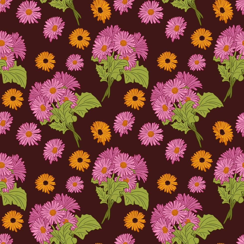 vector vlak stijl trossen van gerbera's patroon. boeketten van roze bloemen met geel bloemen Aan donker achtergrond. perfect voor omhulsel papier, achtergrond, behang, textiel, banier