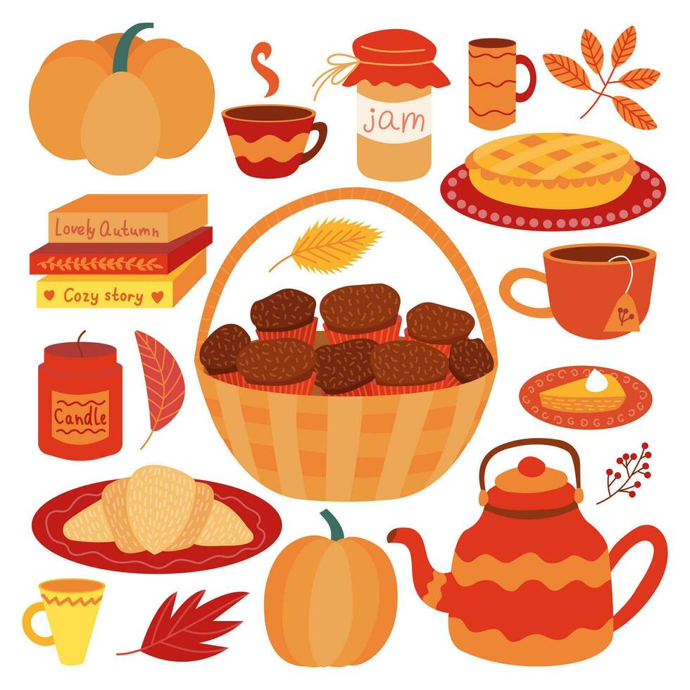 vector herfst desserts set. schattig herfst voedsel in tekenfilm stijl set. mand met muffins, pompoen taart, croissant, heet chocola en thee