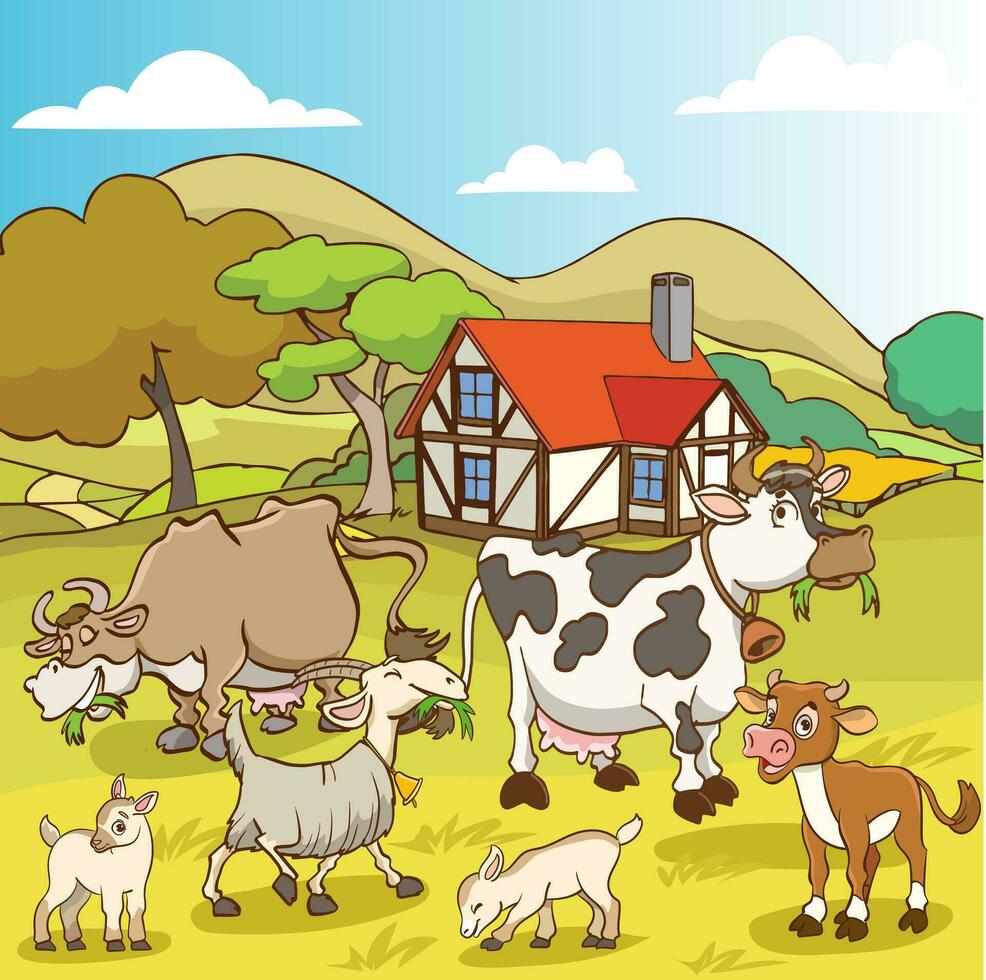 vector illustratie van dorp landschap en boerderij dieren