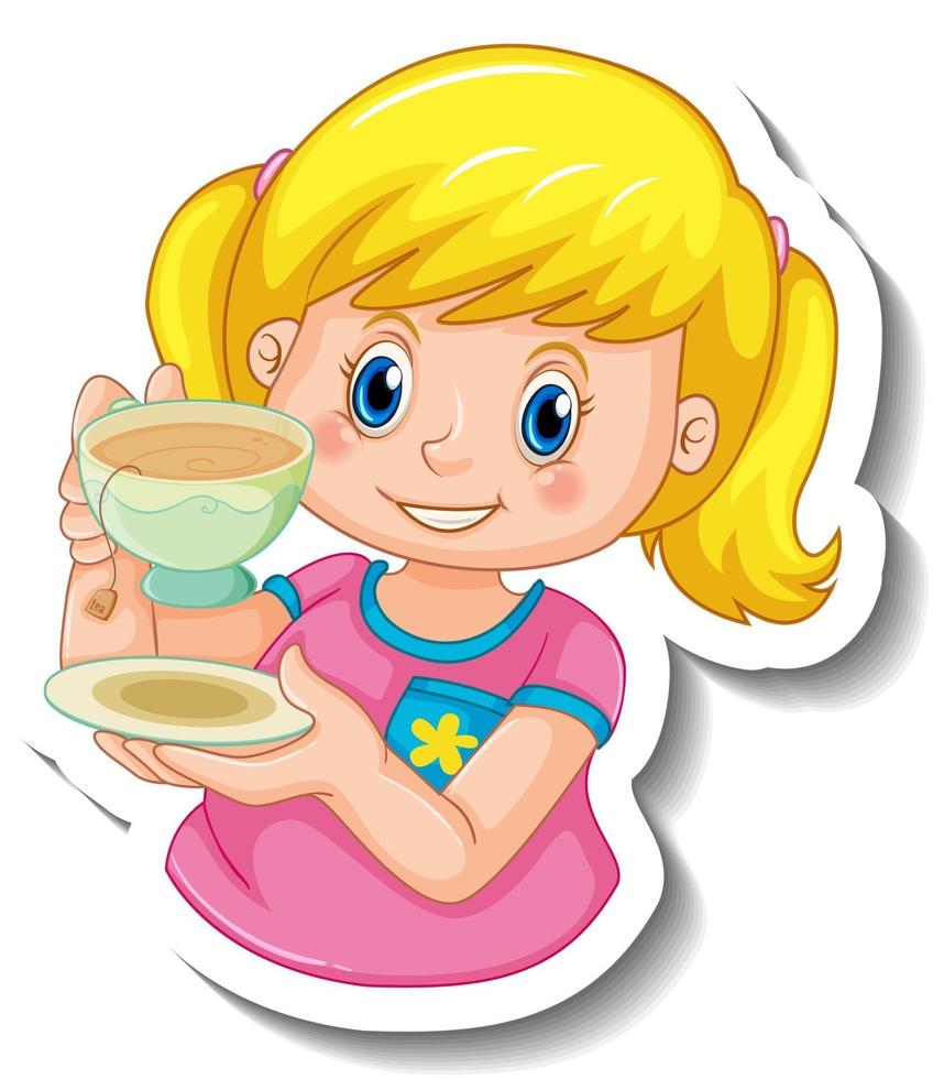 stickersjabloon met een meisje met een kopje thee geïsoleerd vector