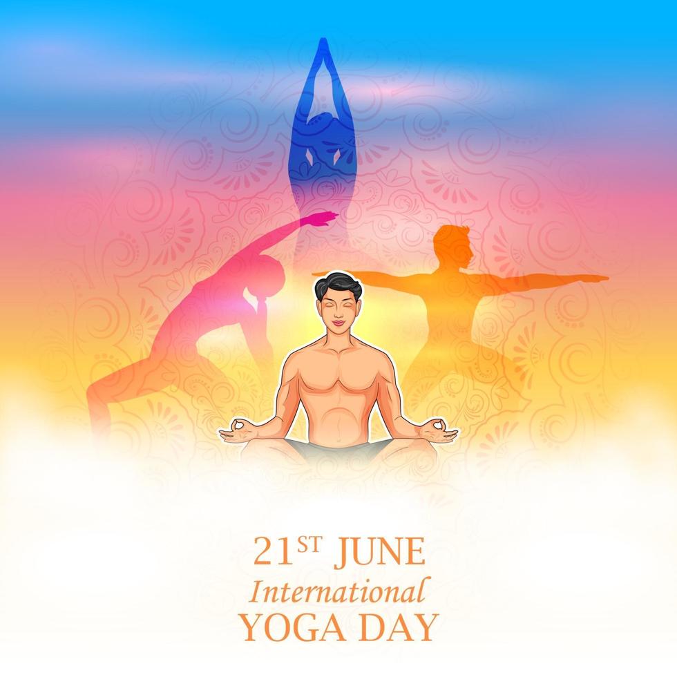 illustratie van een man die asana en meditatie doet voor internationale yogadag op 21 juni ju vector