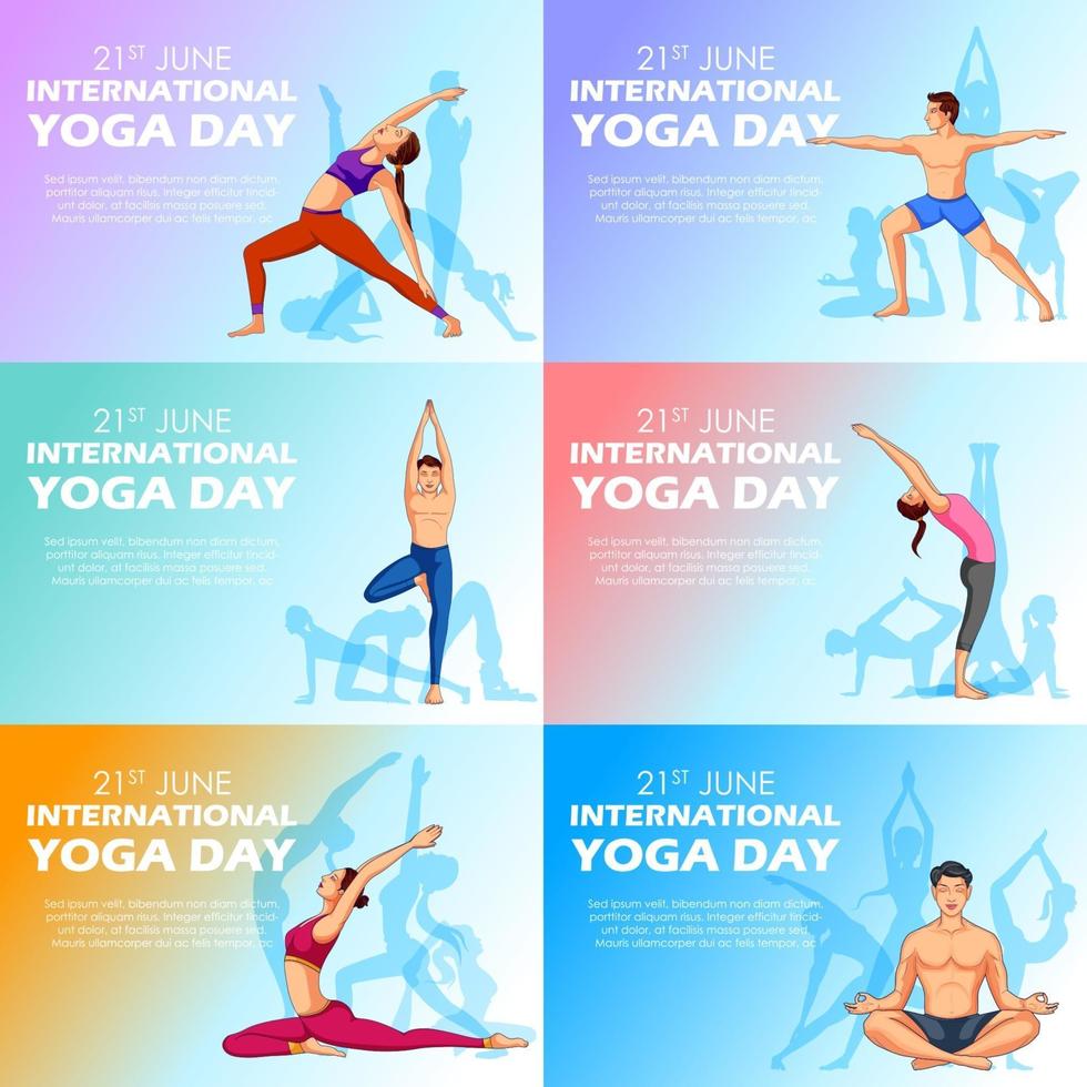 illustratie van mensen die asana en meditatie doen voor internationale yogadag op 21 juni ju vector