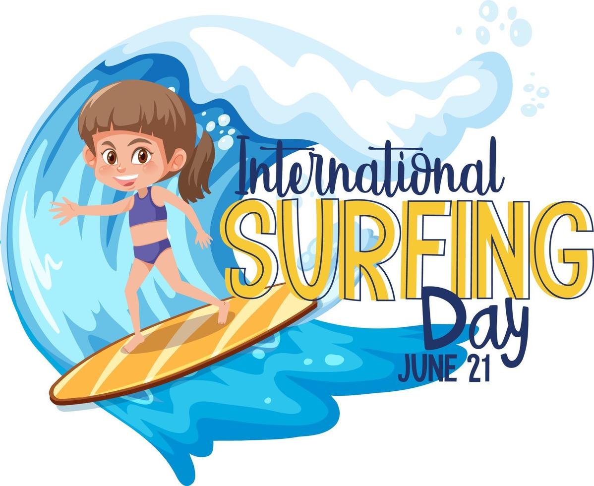 internationale surfdag banner met een meisje surfer stripfiguur geïsoleerd vector