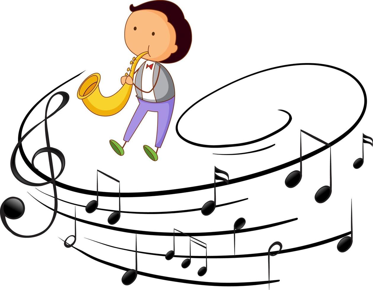 doodle stripfiguur van een man die saxofoon speelt met muzikale melodiesymbolen vector