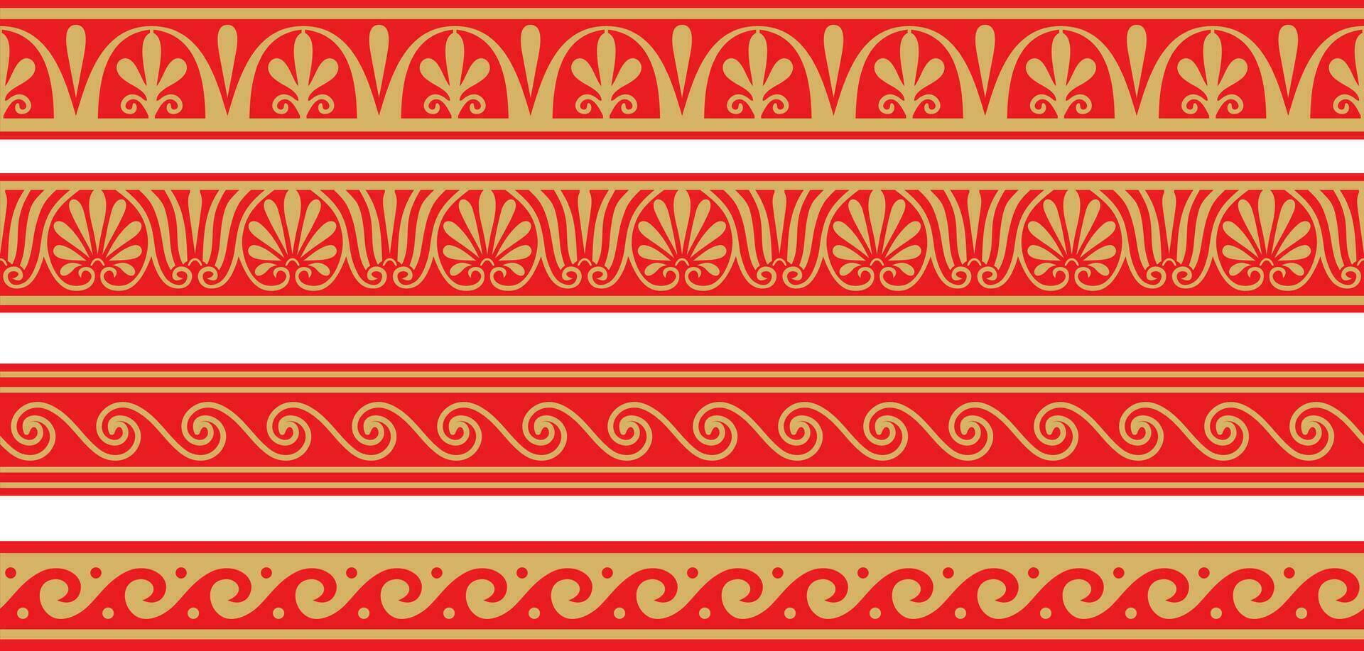 reeks van vector naadloos Grieks klassiek ornament. patroon voor een grens en een kader. oude Griekenland en de Romeins rijk. eindeloos goud met rood meander