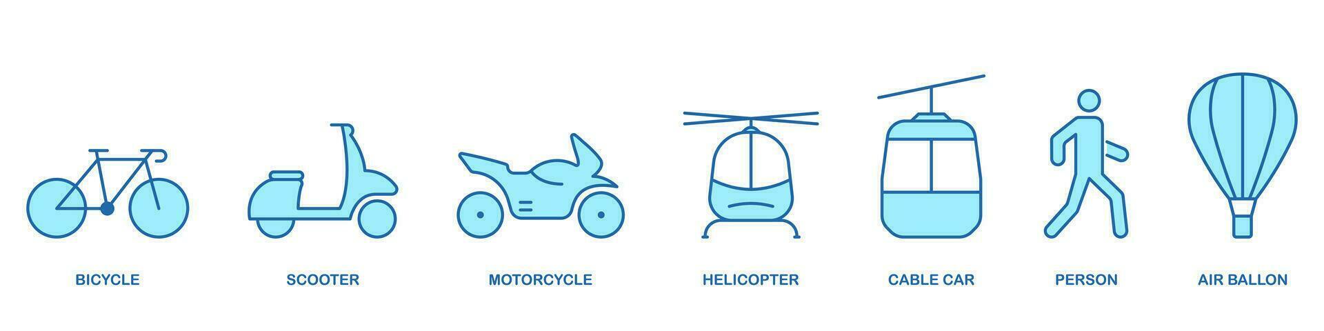 fiets, scooter, kabel auto, helikopter, motorfiets, bromfiets, heet lucht ballon lijn icoon set. verkeer teken. vervoer symbool verzameling. reizen voertuig lineair pictogram. geïsoleerd vector illustratie.