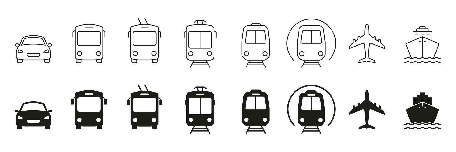 voertuig types lijn en silhouet icoon set. openbaar vervoer pictogram. spoorweg, lucht vervoer, auto, bus, trein, metro, schip, vlak symbool verzameling. weg teken. geïsoleerd vector illustratie.