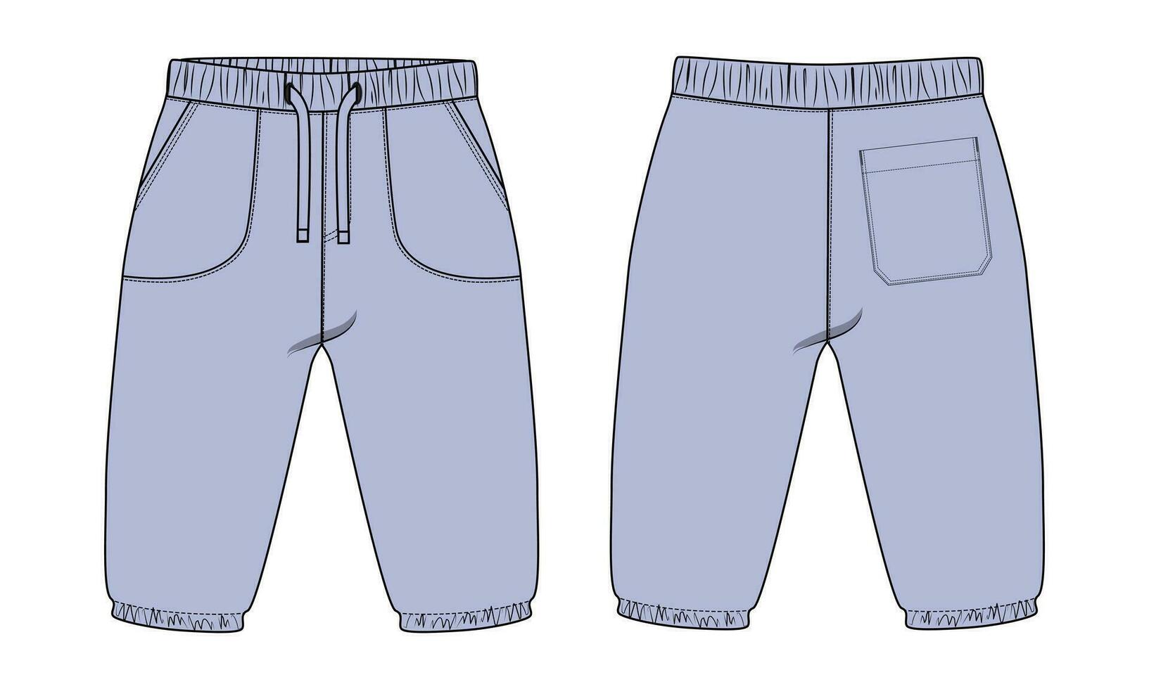 fleece katoen Jersey eenvoudig zweet hijgen technisch tekening mode vlak schetsen sjabloon voorkant en terug keer bekeken. kleding jogger broek vector illustratie bespotten omhoog voor kinderen en jongens.