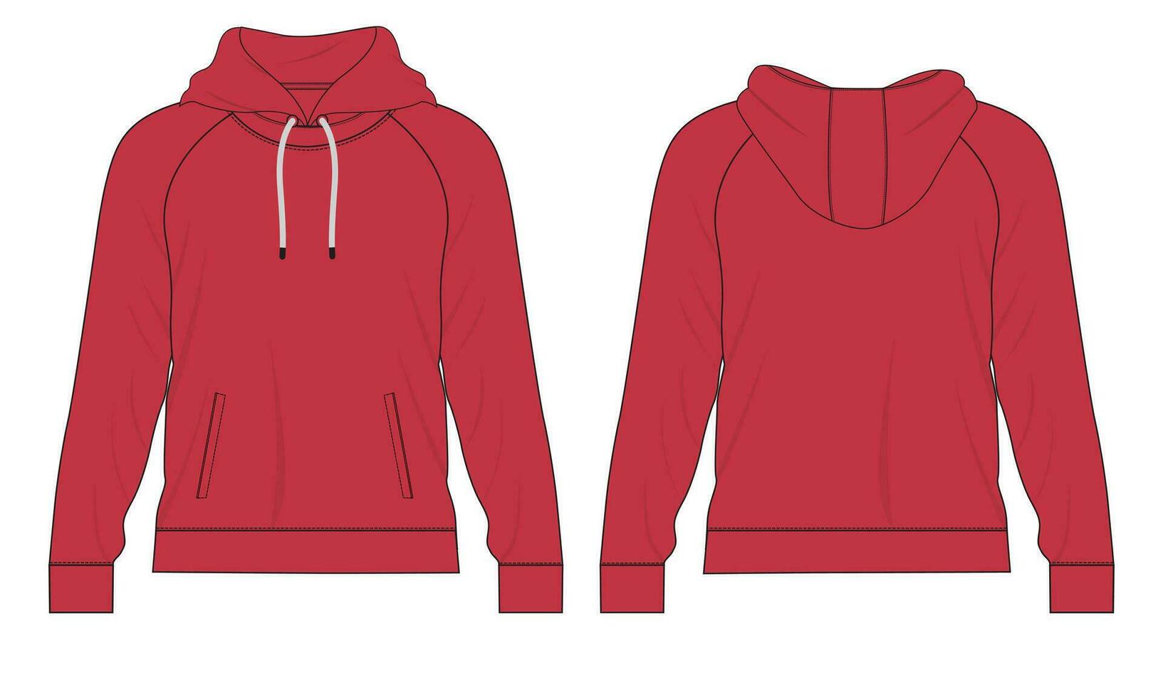 capuchon technisch mode vlak schetsen vector sjabloon. katoen fleece kleding stof kleding met een kap sweater illustratie bespotten omhoog voorkant, terug keer bekeken.