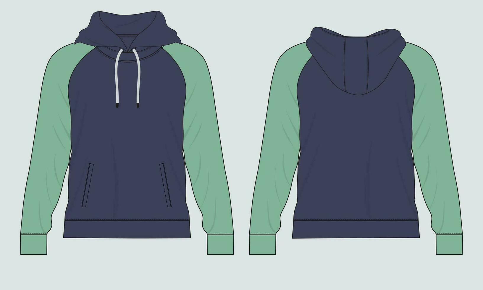 capuchon technisch mode vlak schetsen vector sjabloon. katoen fleece kleding stof kleding met een kap sweater illustratie bespotten omhoog voorkant, terug keer bekeken.