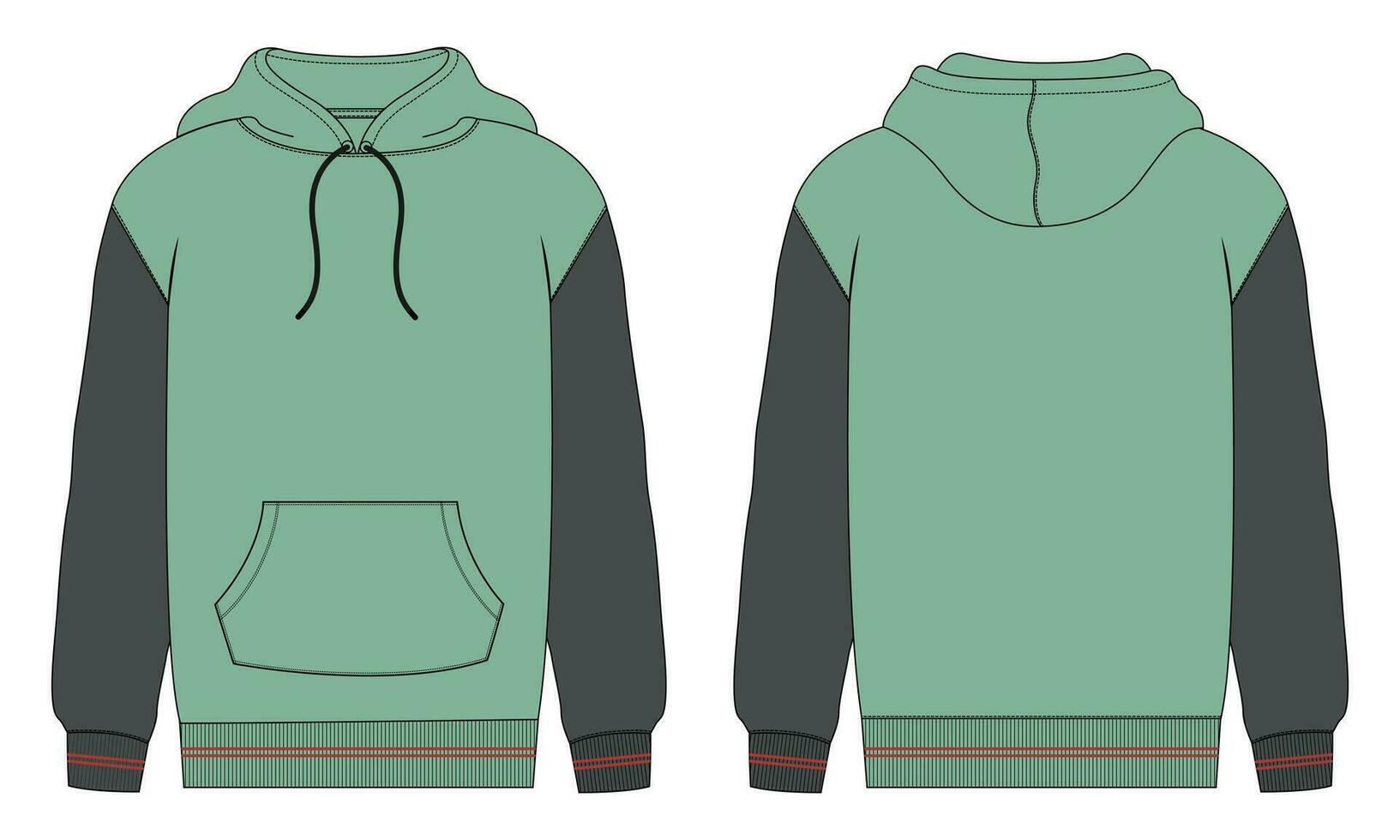 capuchon technisch mode vlak schetsen vector sjabloon. katoen fleece kleding stof kleding met een kap sweater illustratie bespotten omhoog voorkant, terug keer bekeken.