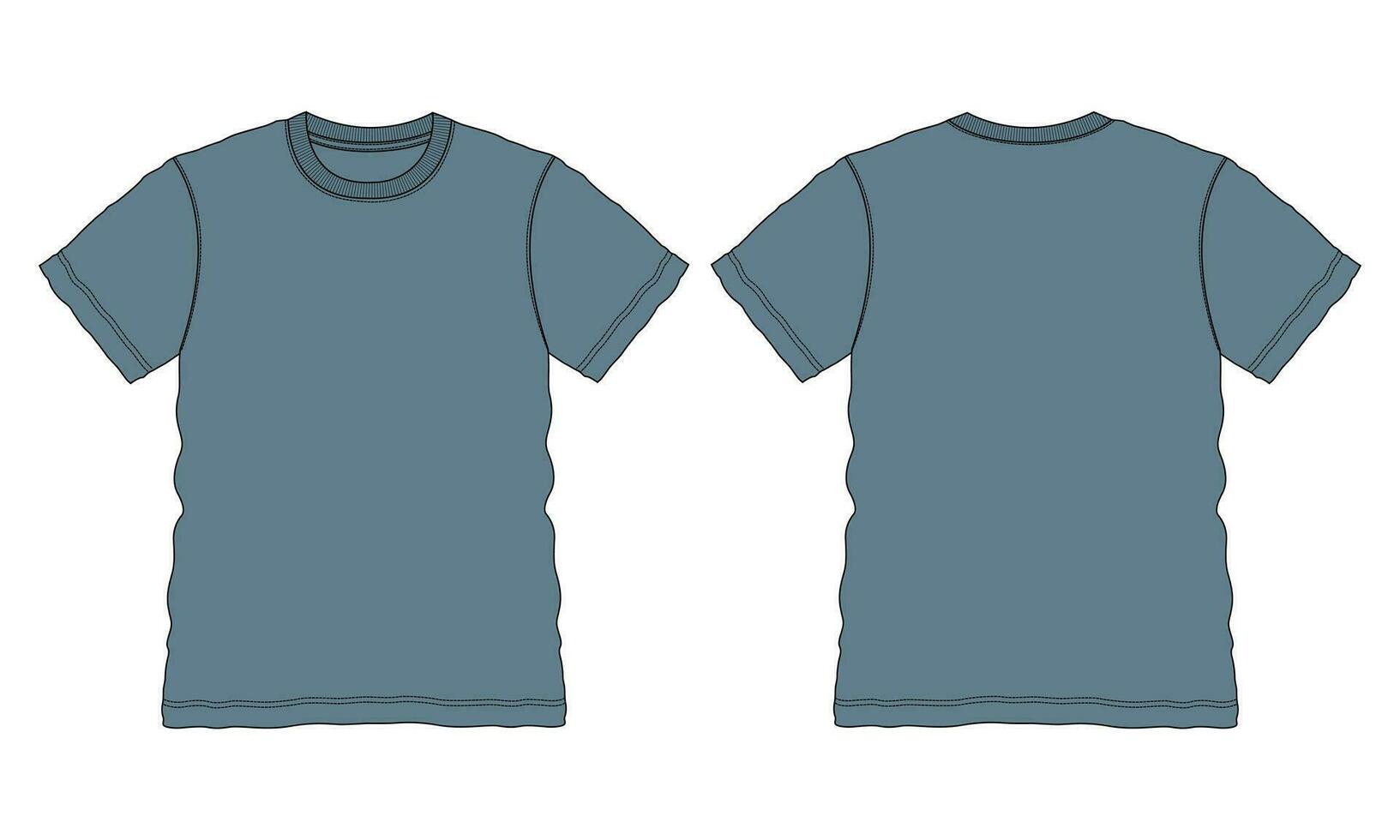 regelmatig fit kort mouw t-shirt technisch schetsen mode vlak sjabloon met ronde halslijn voorkant en terug visie. kleding kunst tekening vector illustratie eenvoudig kleding ontwerp bespotten omhoog.