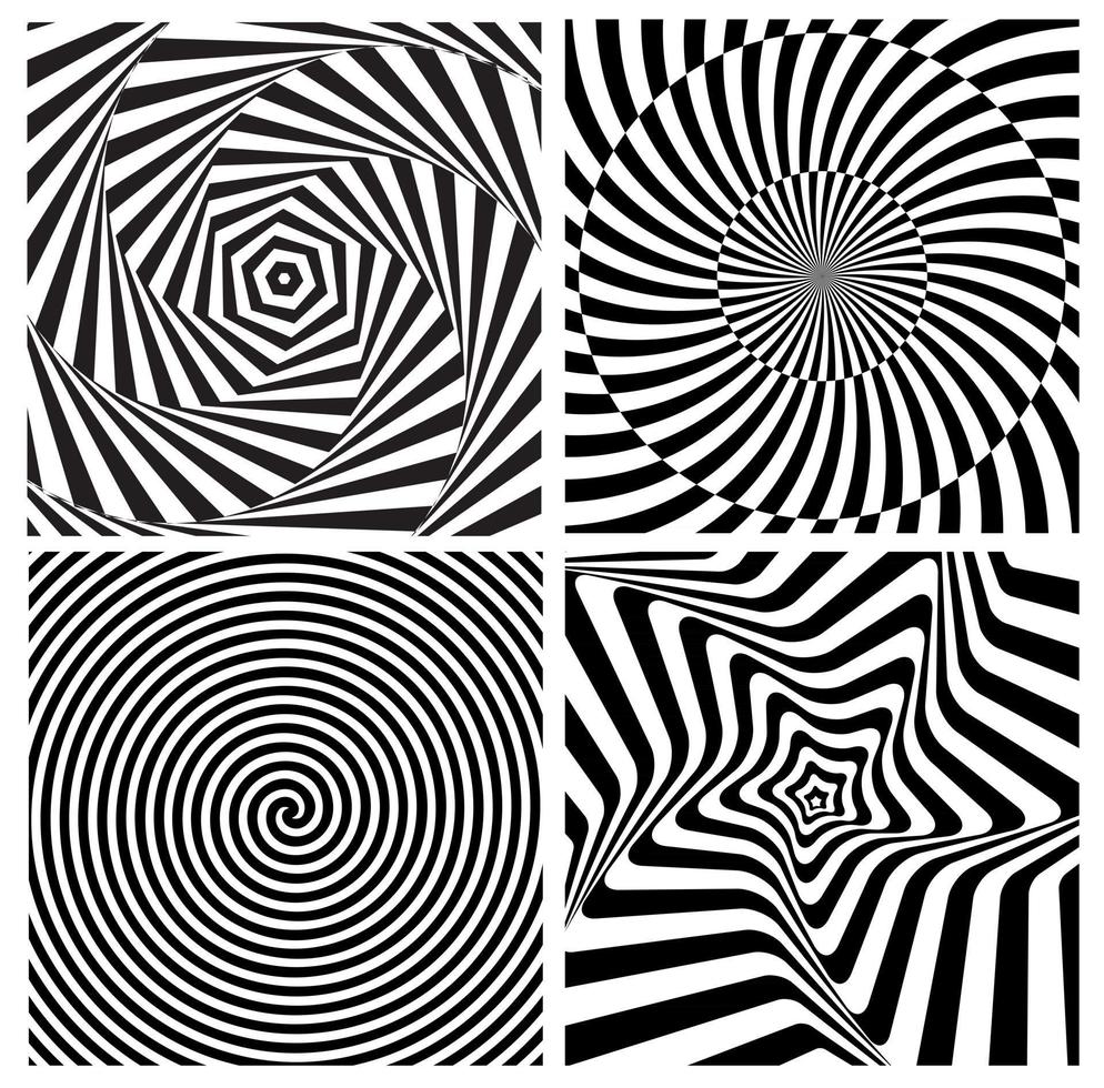 zwart-wit hypnotische psychedelische spiraal met radiale stralen, Kronkel achtergrond collectie ingesteld patroon. vector illustratie