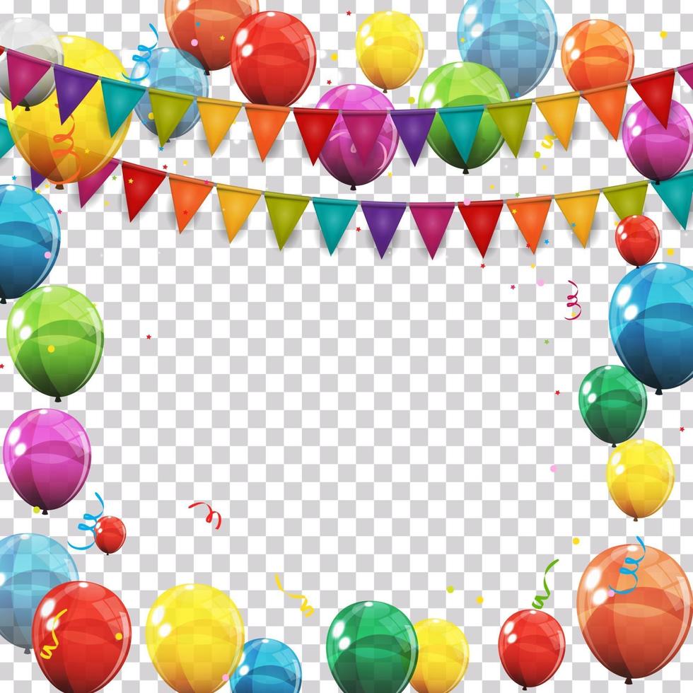 kleur glanzende ballonnen en confetti op transparante gecontroleerde achtergrond vectorillustratie vector