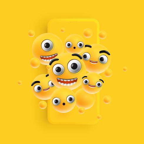 3D en verschillende soorten emoticons met een matte smartphone vector