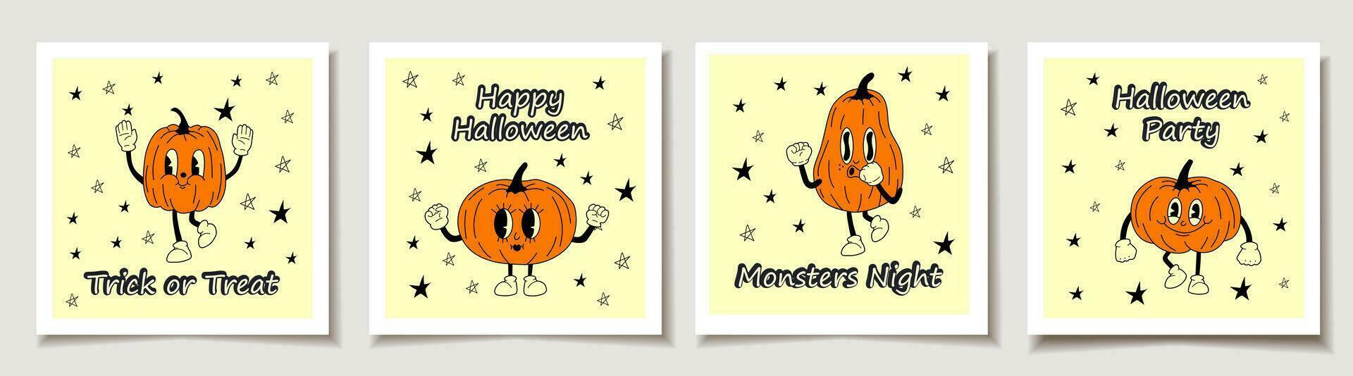 reeks van halloween kaarten met reeks van vier halloween pompoenen, grappig gezichten. groet kaarten met magie artikelen. vector