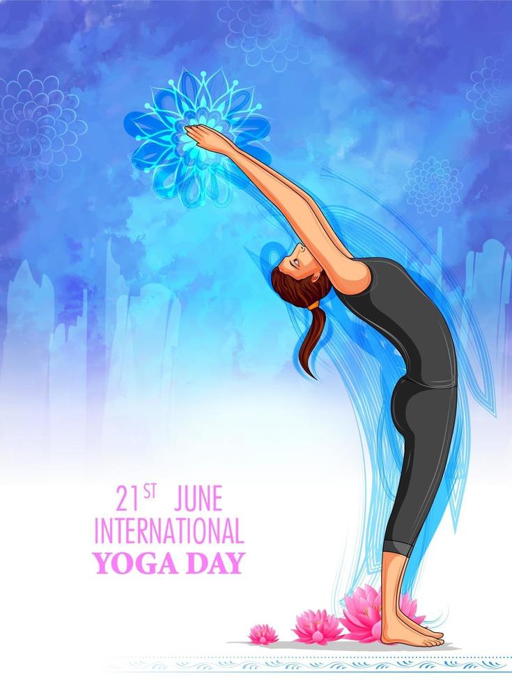 illustratie van een vrouw die asana en meditatie doet voor internationale yogadag op 21 juni ju vector