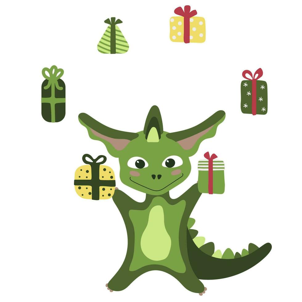 groen draak symbool van 2024 jongleert Kerstmis geschenken. vakantie kaart. Chinese nieuw jaar vector