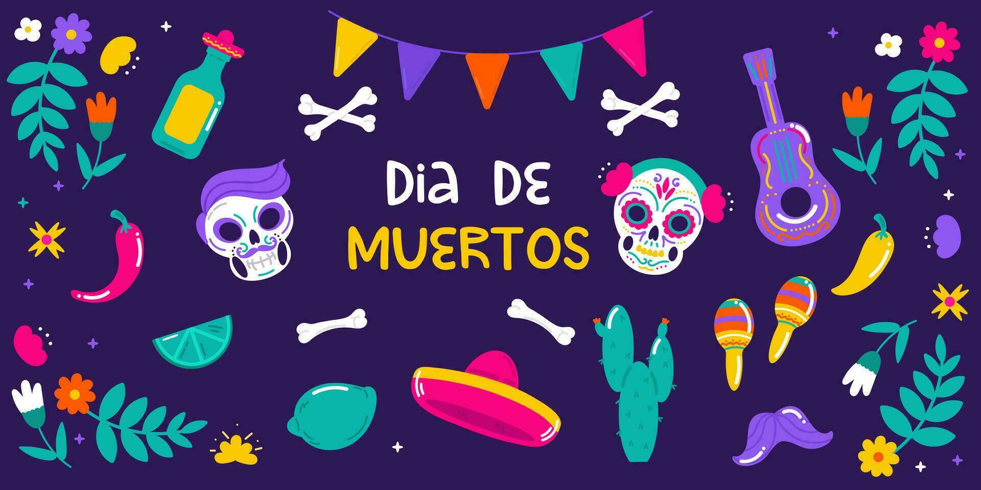 dia de Muertos element reeks met schedel, sombrero, tequila en botten. dag van de dood vector