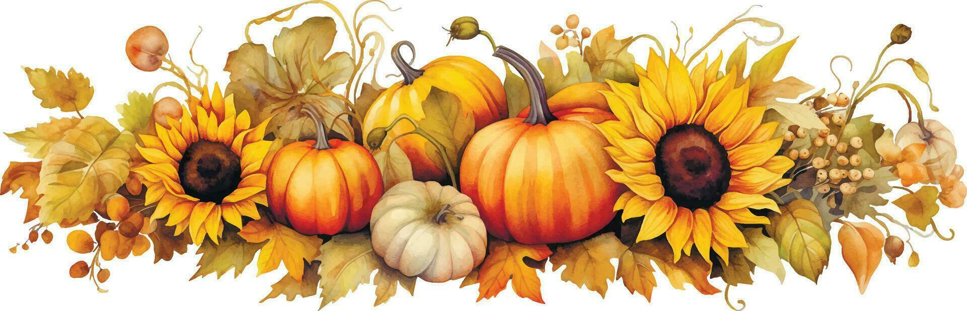 waterverf tekening. herfst samenstelling met oogst, met pompoenen en zonnebloem bloemen in wijnoogst stijl. dankzegging kaart decoratie, herfst, oogst festival vector