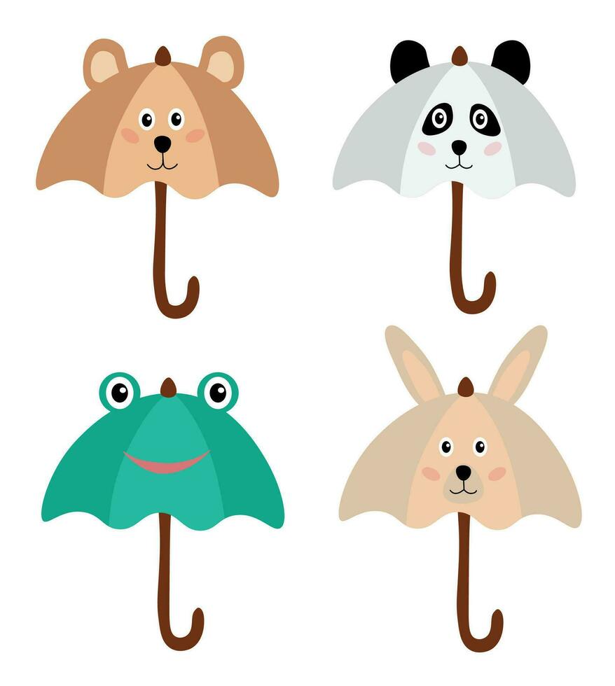 verzameling van dierlijk paraplu's. afbeeldingen voor kinderen. accessoires met dieren. konijn, beer, kikker, panda. grafisch elementen. vlak vector illustratie set.