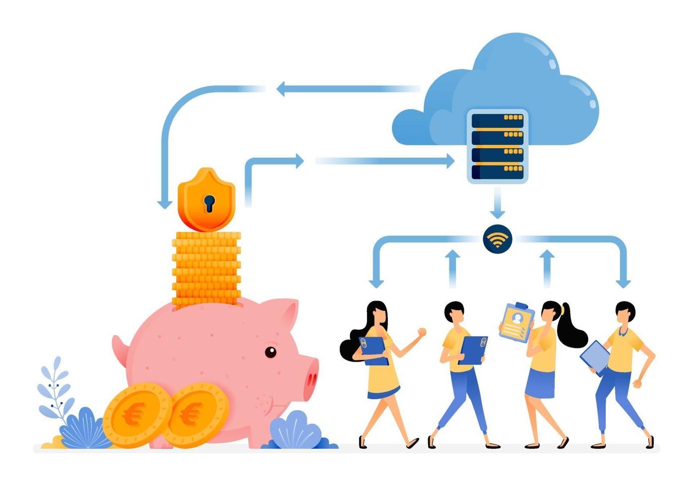 vector ontwerp van beveiliging financiële diensten met cloud database technologie bescherming van transactie activiteit gegevens illustratie kan zijn voor websites posters banners mobiele apps web sociale media